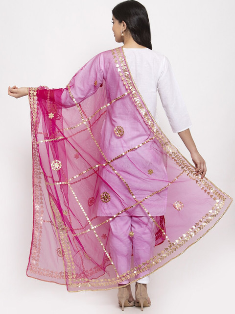 Clora Creation Magenta & Gold-Toned Net Dupatta With Embellished Gotta Patti - Image 4