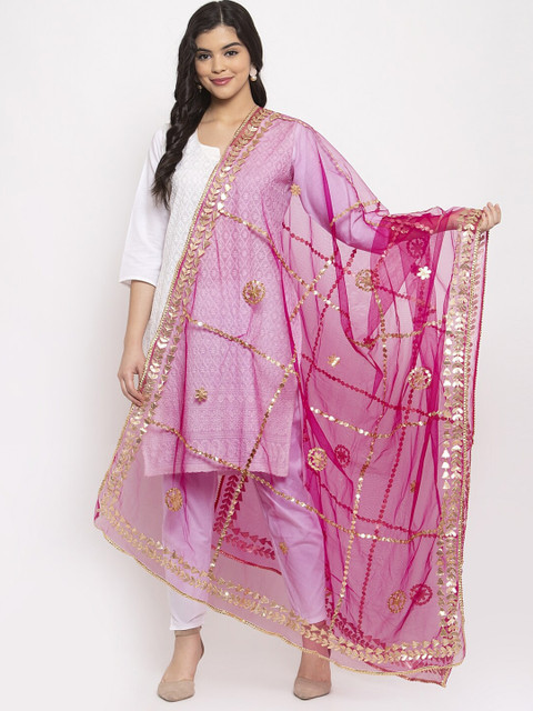 Clora Creation Magenta & Gold-Toned Net Dupatta With Embellished Gotta Patti