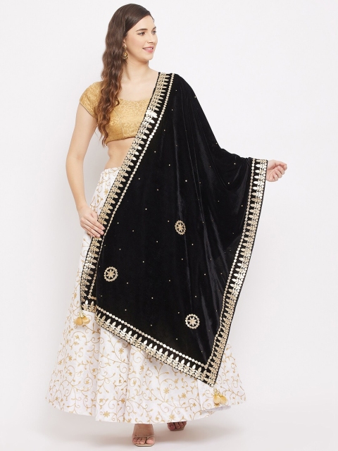 Clora Creation Black & Gold-Toned Ethnic Motifs Embroidered Velvet Dupatta with Gotta Patti