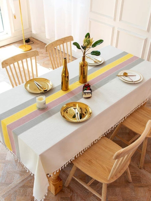 URBAN SPACE Yellow & White 4 Seater Striped Table Cloth - Image 3