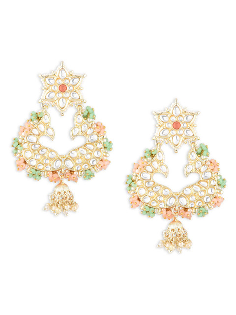 Zaveri Pearls Peach-Coloured & Green Contemporary Chandbalis Earrings - Image 3