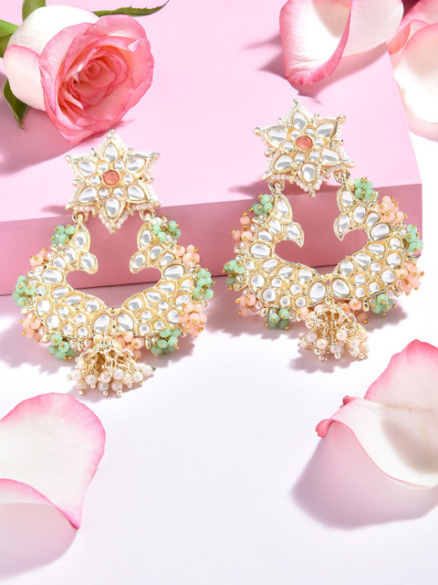 Zaveri Pearls Peach-Coloured & Green Contemporary Chandbalis Earrings - Image 2