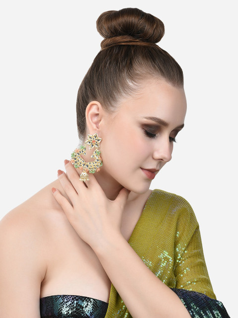 Zaveri Pearls Peach-Coloured & Green Contemporary Chandbalis Earrings - Image 4