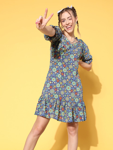 plusS Women Charming Navy Blue Floral New Neckline Dress - Image 2