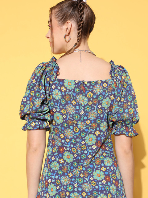 plusS Women Charming Navy Blue Floral New Neckline Dress - Image 6