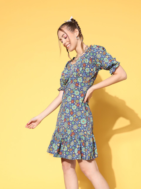 plusS Women Charming Navy Blue Floral New Neckline Dress - Image 3