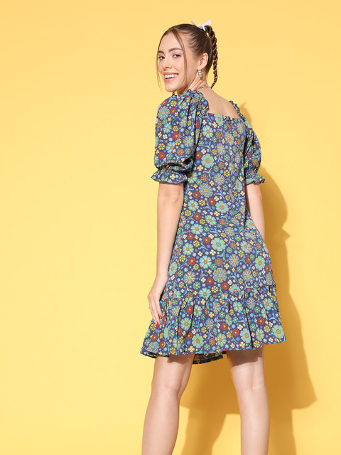 plusS Women Charming Navy Blue Floral New Neckline Dress - Image 4