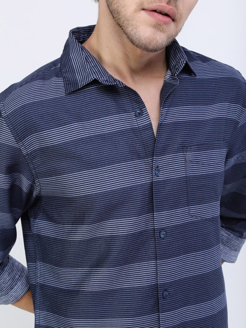 HIGHLANDER Men Navy Blue Slim Fit Horizontal Stripes Striped Casual Shirt - Image 2