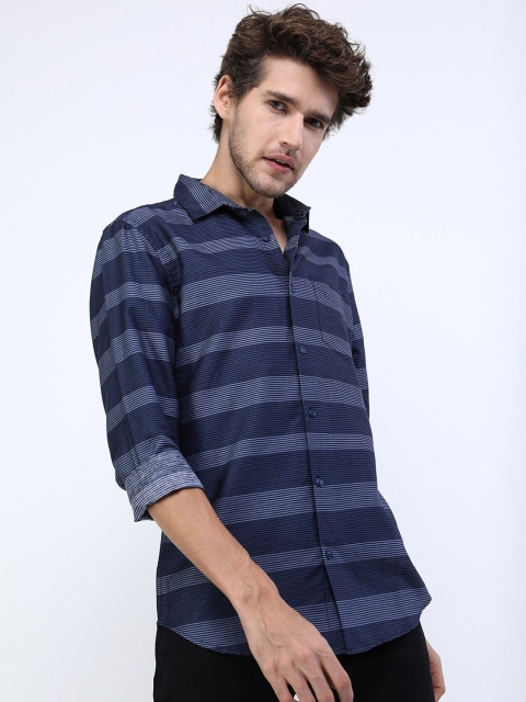 HIGHLANDER Men Navy Blue Slim Fit Horizontal Stripes Striped Casual Shirt - Image 3