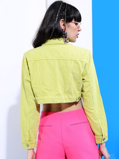 Tokyo Talkies Women Lime Green Solid Crop Denim Jacket - Image 4