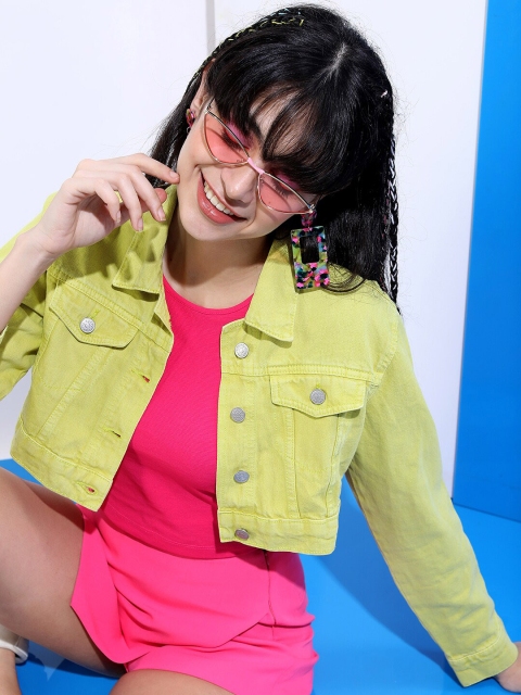 Tokyo Talkies Women Lime Green Solid Crop Denim Jacket - Image 6
