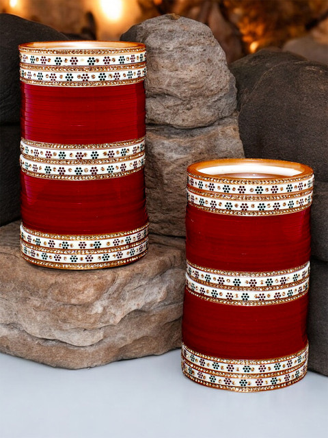 LUCKY JEWELLERY Maroon CZ Stone-Studded Punjabi Chura Bridal Wedding Bangle Set