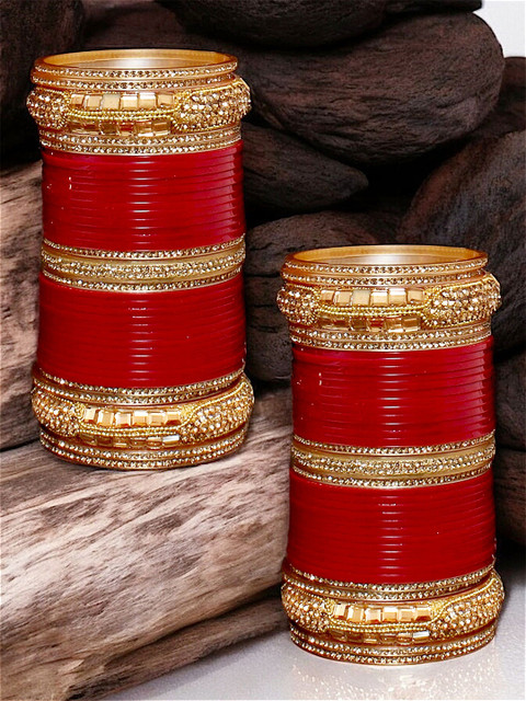 LUCKY JEWELLERY Maroon CZ & Kundan Studded Punjabi Bridal Bangle Set