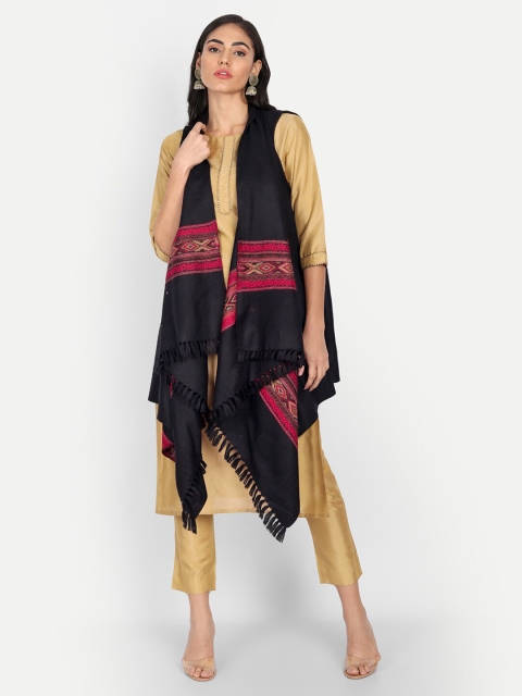 Zamour Women Black & Red Tasselled Bohemian Woollen Shrug