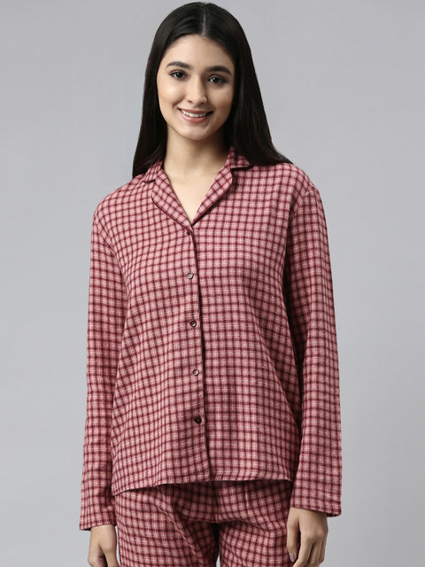 Enamor Women Maroon & White Checked Night suit