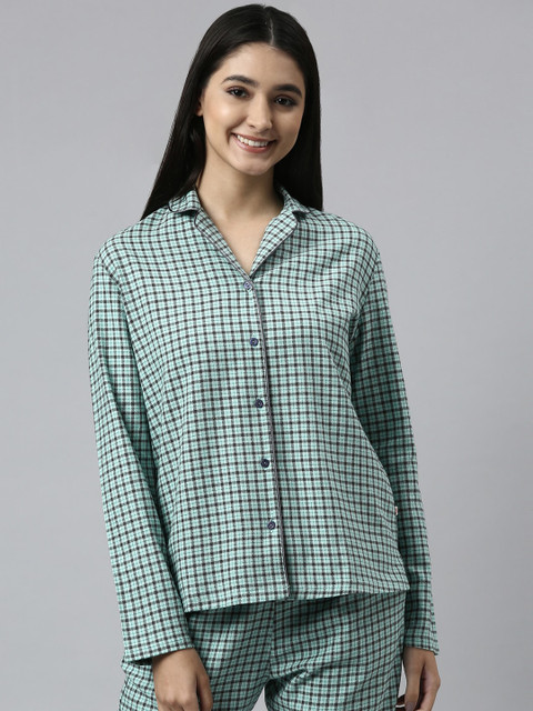 Enamor Women Green & White Checked Night suit
