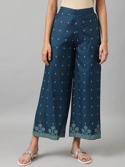 W Women Blue Ethnic Motifs Flared Ethnic Palazzos