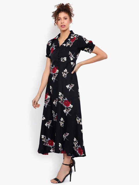 Indietoga Black Floral Printed Fit and Flare Long Maxi Dress - Image 4