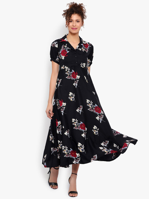 Indietoga Black Floral Printed Fit and Flare Long Maxi Dress