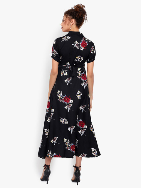 Indietoga Black Floral Printed Fit and Flare Long Maxi Dress - Image 5