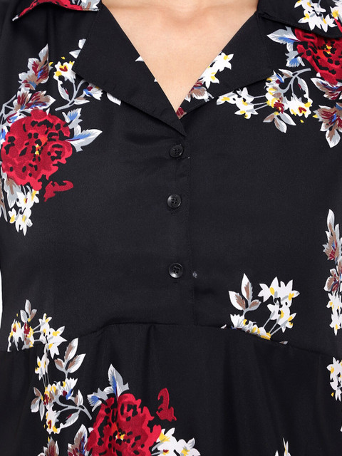 Indietoga Black Floral Printed Fit and Flare Long Maxi Dress - Image 2