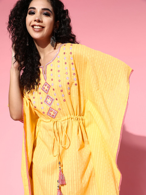 Juniper Women Bright Yellow Cotton Adjustable Waistline Kurta - Image 2