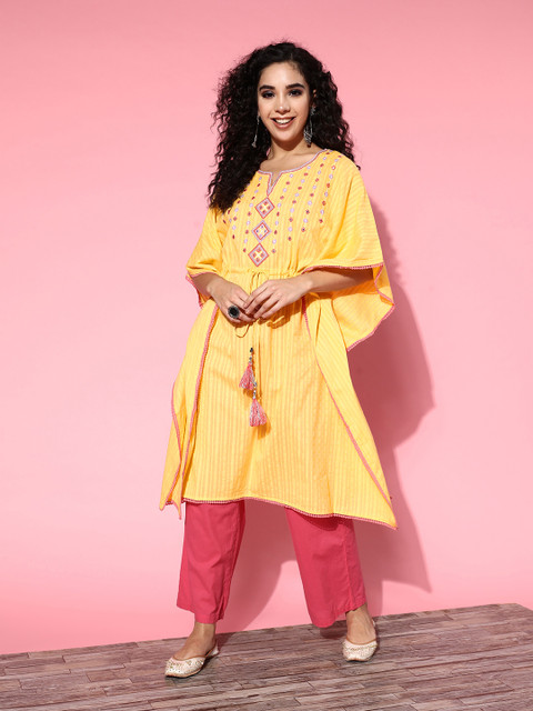 Juniper Women Bright Yellow Cotton Adjustable Waistline Kurta - Image 3