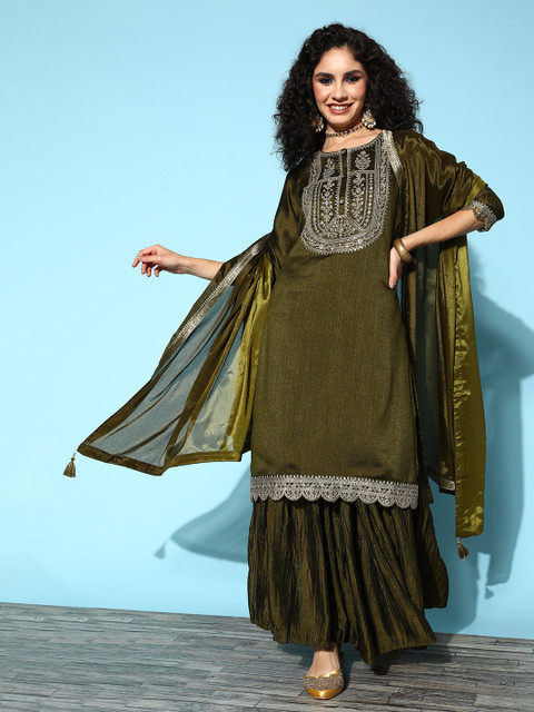 Libas Womens Olive Yoke Design Straight Kurta With Sharara & Dupatta