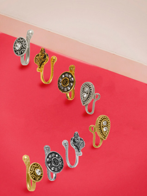 OOMPH Set of 8 Silver & Gold-Toned Pearl Studded Oxidized Clip-On Nosepins