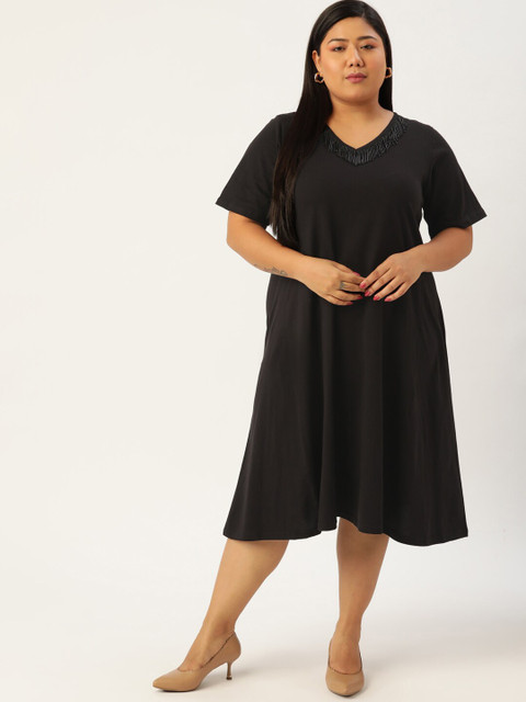 theRebelinme Women Plus size Pure cotton Black A-Line Midi Dress