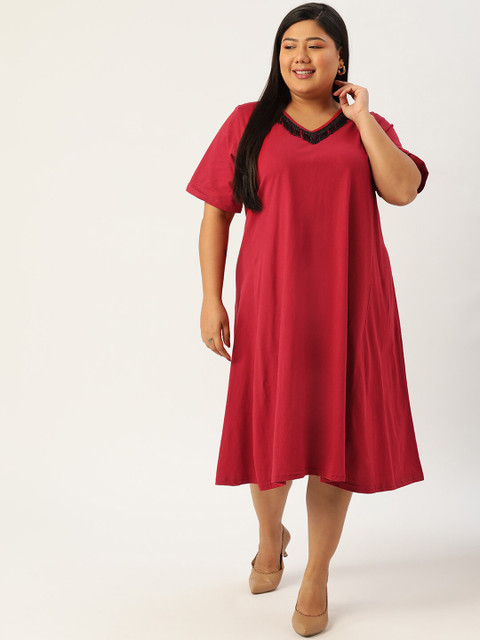 theRebelinme Women Plus Size Maroon Pure Cotton A-Line Midi Dress