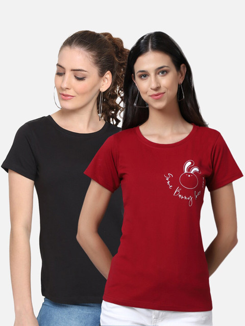 UnaOne Plus Size Women Pack of 2 Black & Maroon Typography Printed T-shirt