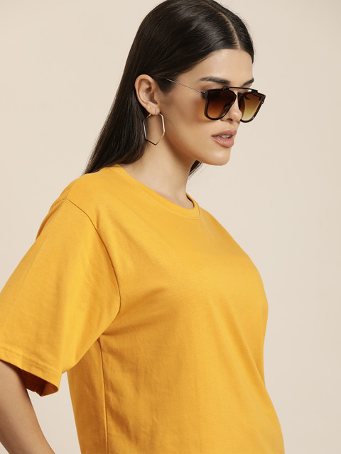 Difference of Opinion Women Mustard Yellow Solid Pure Cotton Oversized T-shirt