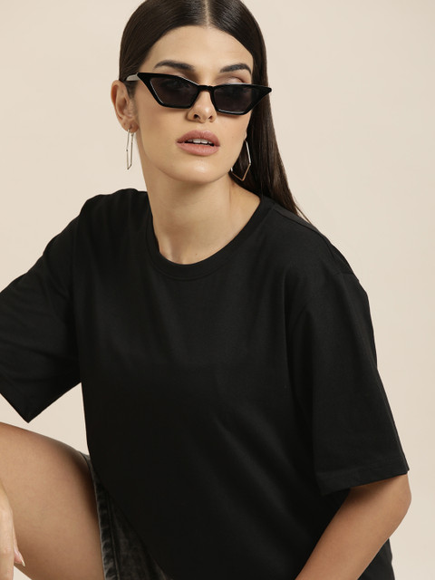 Difference of Opinion Women Black Solid Pure Cotton Oversized T-shirt