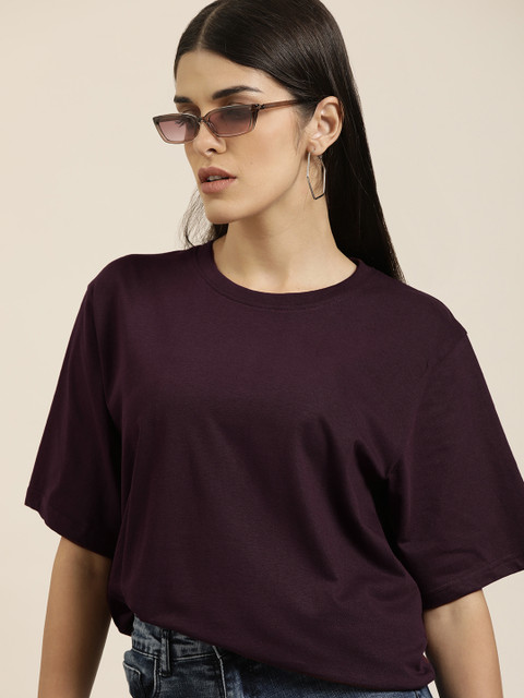 Difference of Opinion Women Burgundy Solid Pure Cotton Oversized T-shirt