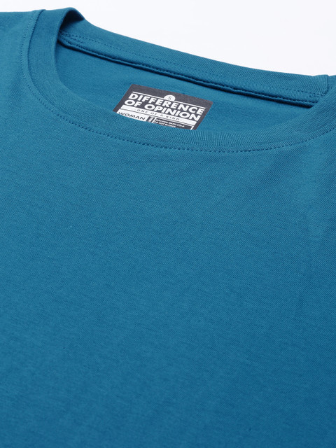 Difference of Opinion Women Blue Solid Pure Cotton Oversized T-shirt - Image 2
