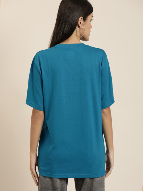 Difference of Opinion Women Blue Solid Pure Cotton Oversized T-shirt - Image 4