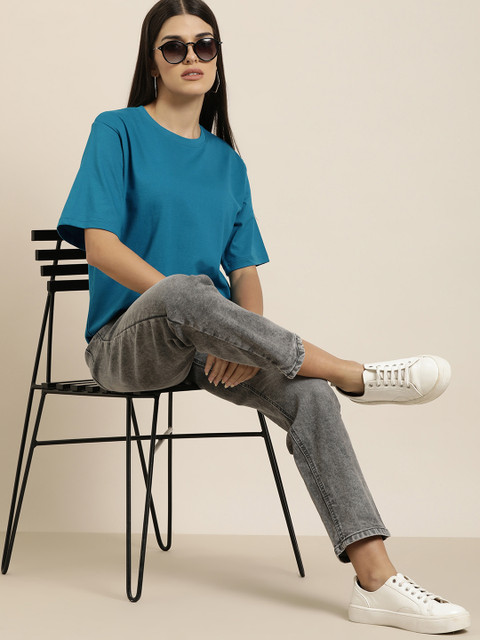 Difference of Opinion Women Blue Solid Pure Cotton Oversized T-shirt - Image 5