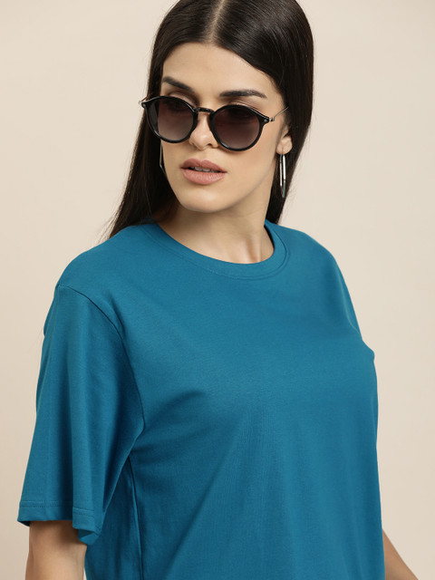 Difference of Opinion Women Blue Solid Pure Cotton Oversized T-shirt