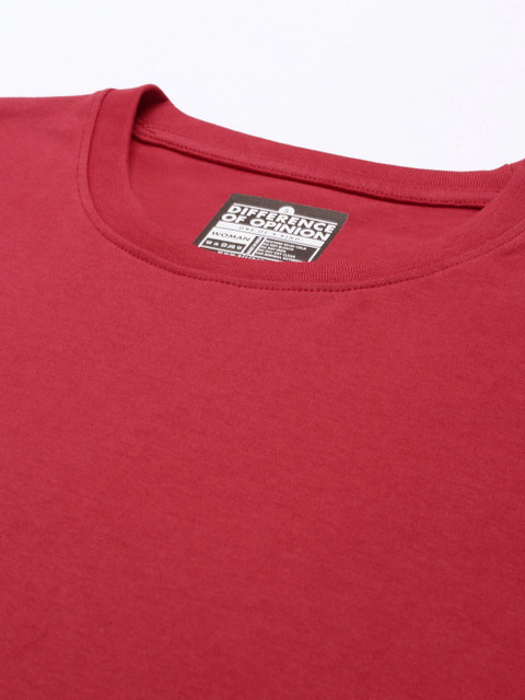 Difference of Opinion Women Red Solid Pure Cotton Oversized T-shirt - Image 2