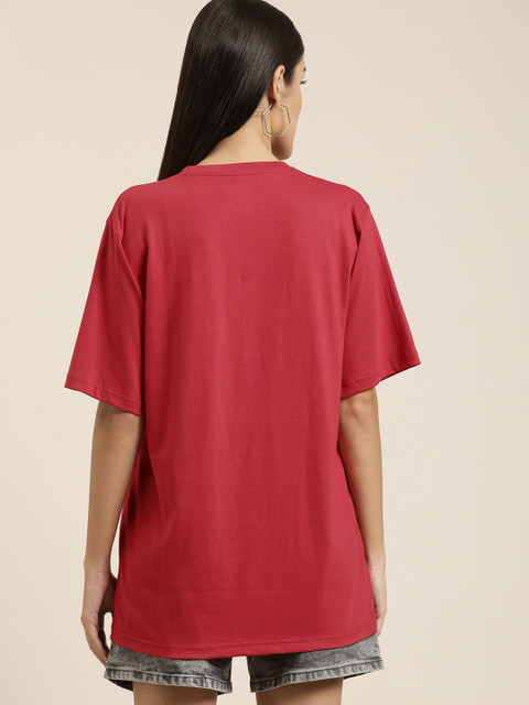 Difference of Opinion Women Red Solid Pure Cotton Oversized T-shirt - Image 4