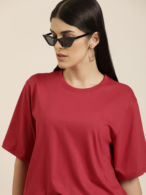 Difference of Opinion Women Red Solid Pure Cotton Oversized T-shirt