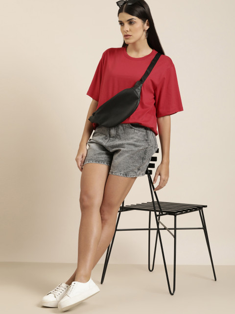 Difference of Opinion Women Red Solid Pure Cotton Oversized T-shirt - Image 5
