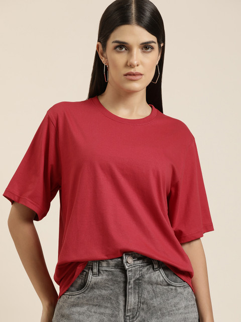 Difference of Opinion Women Red Solid Pure Cotton Oversized T-shirt - Image 3