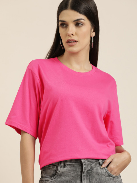 Difference of Opinion Women Pink Solid Pure Cotton Oversized T-shirt - Image 3