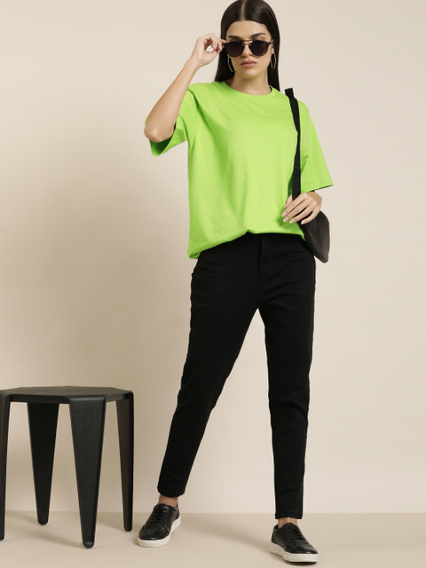 Difference of Opinion Women Green Solid Pure Cotton Oversized T-shirt - Image 5