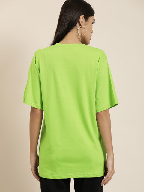 Difference of Opinion Women Green Solid Pure Cotton Oversized T-shirt - Image 4
