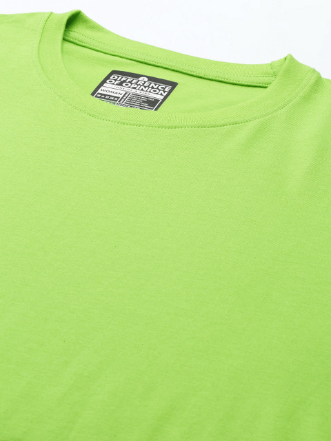 Difference of Opinion Women Green Solid Pure Cotton Oversized T-shirt - Image 2