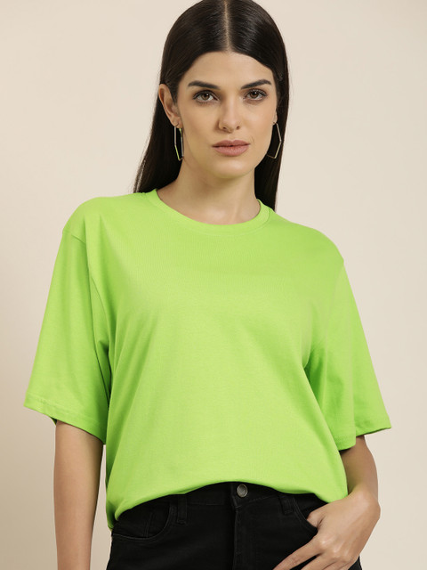 Difference of Opinion Women Green Solid Pure Cotton Oversized T-shirt - Image 3