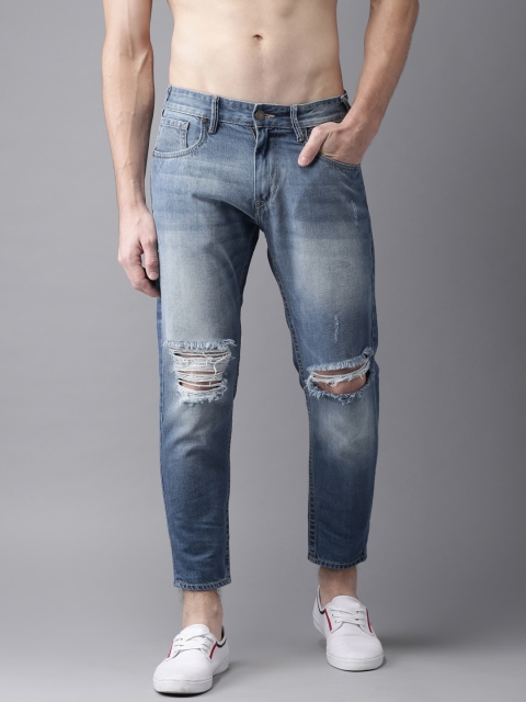 HERE&NOW Men Ankle Length Mid-Rise Slim Tapered Fit Blue Slash Knee Jeans